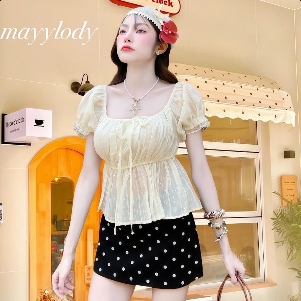 mayylody Pinky TOP เสื้อแขนตุ๊กตา แต่งระบายลูกไม้ ผ้าพิมพ์ลาย สุดฮิต ชุดไปทะเล ชุดไปคาเฟ่ รูปที่ 2