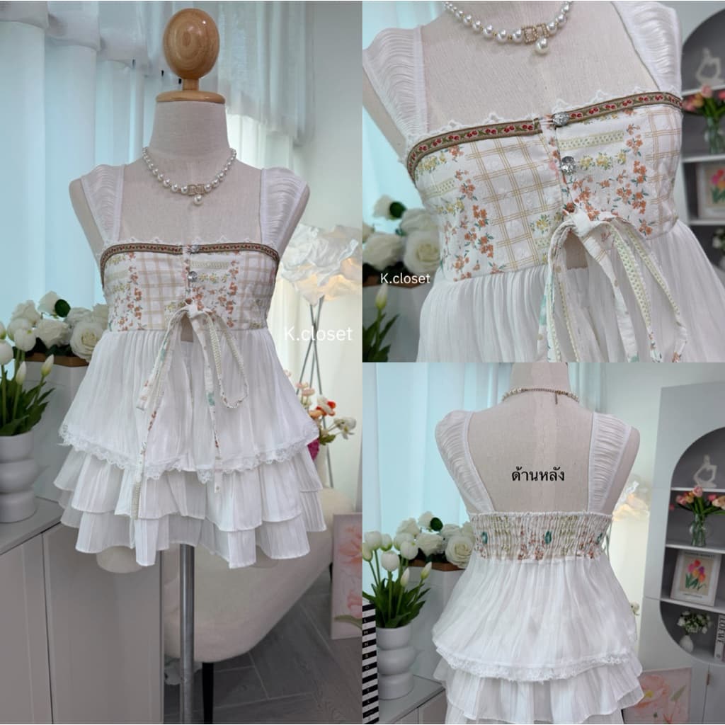 (อก30-40เสื้อสายเดี่ยวระบายชั้นผ้าโรซี่พิมลาย กระดุมใช้งานได้จริง detail แต่งผ้าลายน่ารัก รูปที่ 5