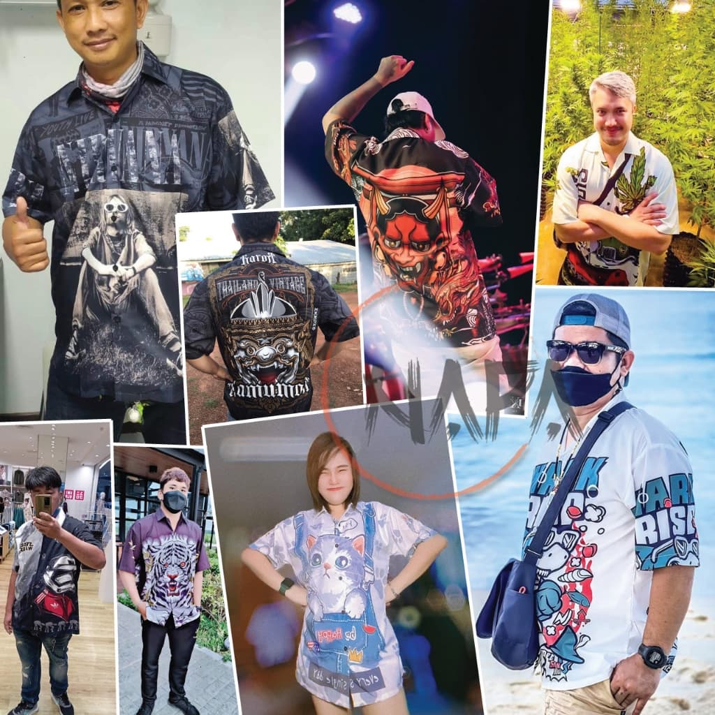 เสื้อฮาวาย แมวแว่นราเมน A1643 ผ้าไหมอิตาลีแท้ รูปที่ 7