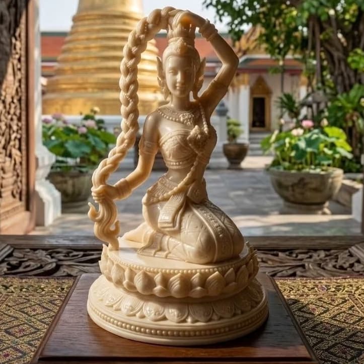 เทวรูปพระแม่ธรณีบีบมวยผมทรงเครื่องแบบชุดไทย พุทธะศิลป์ที่มีเอกลักษณ์รายระเอียดสวย ความหมายดีคือเหนือมารและเอาชนะอุปสรรค รูปที่ 2