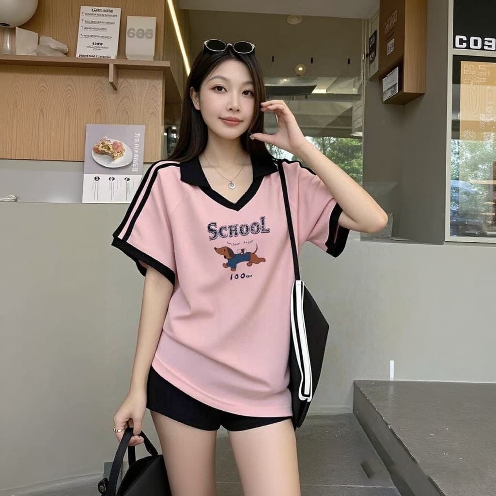 เสื้อปกทรงสเก็ตสวยๆผู้หญิงแฟชั่นมาใหม่ oversize เสื้อผ้าสาวอวบไซส์ใหญ่น่ารัก เสื้อยืดคอวีทรงหลวมสไตล์เกาหลี preppy style รูปที่ 5