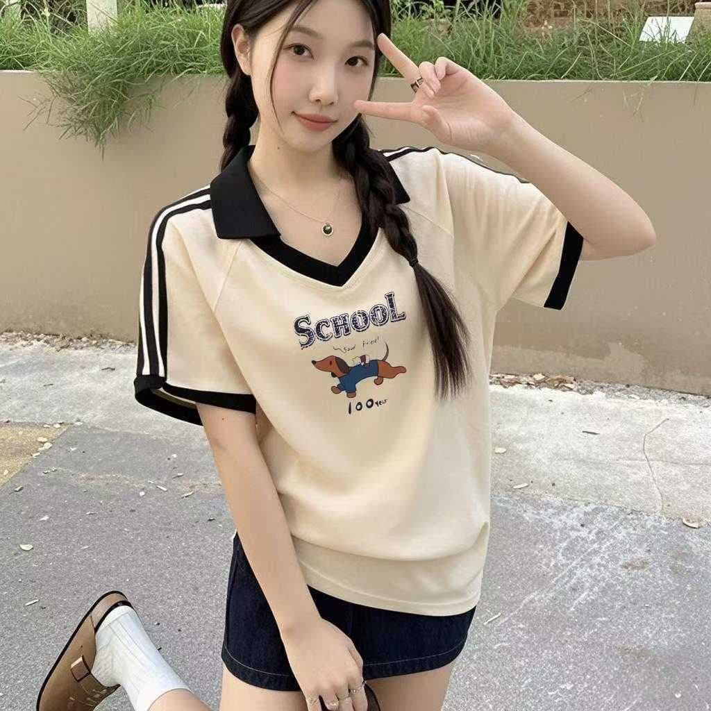 เสื้อปกทรงสเก็ตสวยๆผู้หญิงแฟชั่นมาใหม่ oversize เสื้อผ้าสาวอวบไซส์ใหญ่น่ารัก เสื้อยืดคอวีทรงหลวมสไตล์เกาหลี preppy style รูปที่ 6