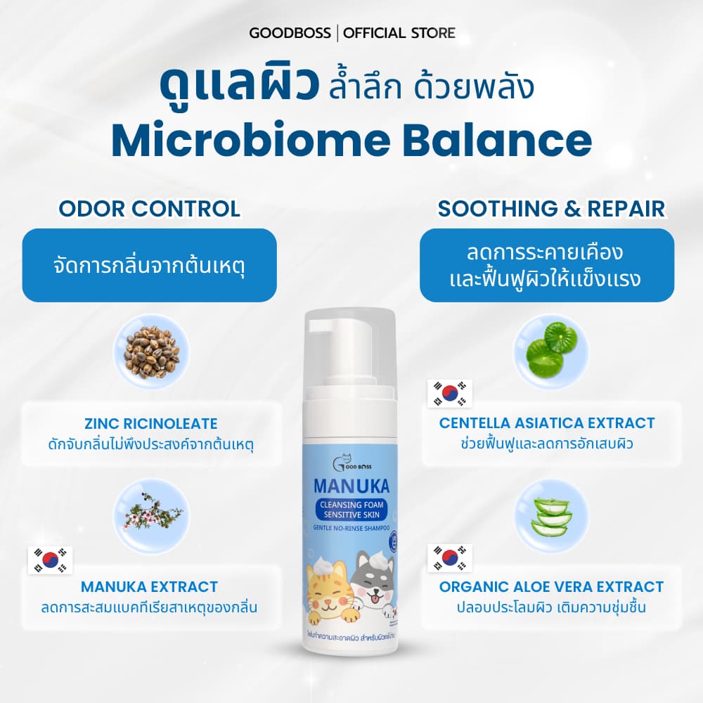 Goodboss Manuka Cleansing Foam โฟมเช็ดทำความสะอาดผิว สำหรับหมาเเมว ลดคัน เเบคทีเรีย ผลิตภัณฑ์ออแกนิค รูปที่ 8