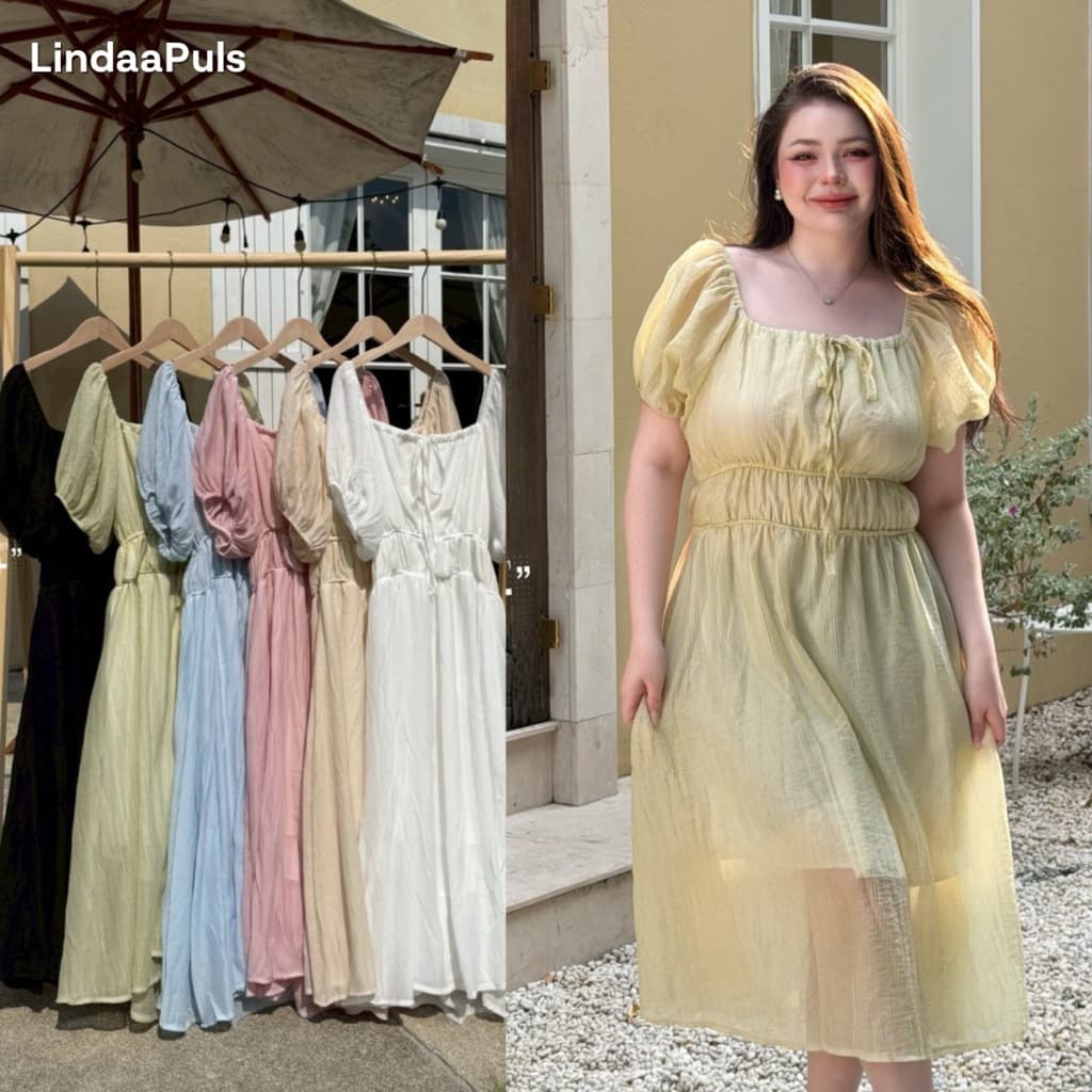 LindaaPlus-- ชุดเดรสยาวผ้าใยไผ่สาวอวบอ้วน 🍃 แขนสั้นตุ๊กตา ผ้าพริ้วสวย (มีซับในนะคะ) แต่งทรงคอเหลี่ยม จี้มรอบเอว2ชั้น