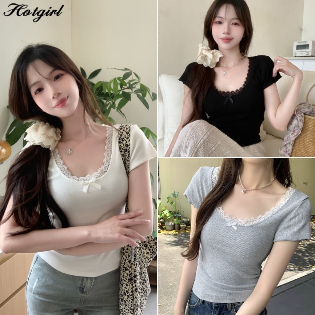Hotgirl จากกทม เสื้อยืดแขนสั้นคอกลมลายลูกไม้สีขาวสำหรับผู้หญิง Y2Kเสื้อครอปทรงเข้ารูป รูปที่ 1