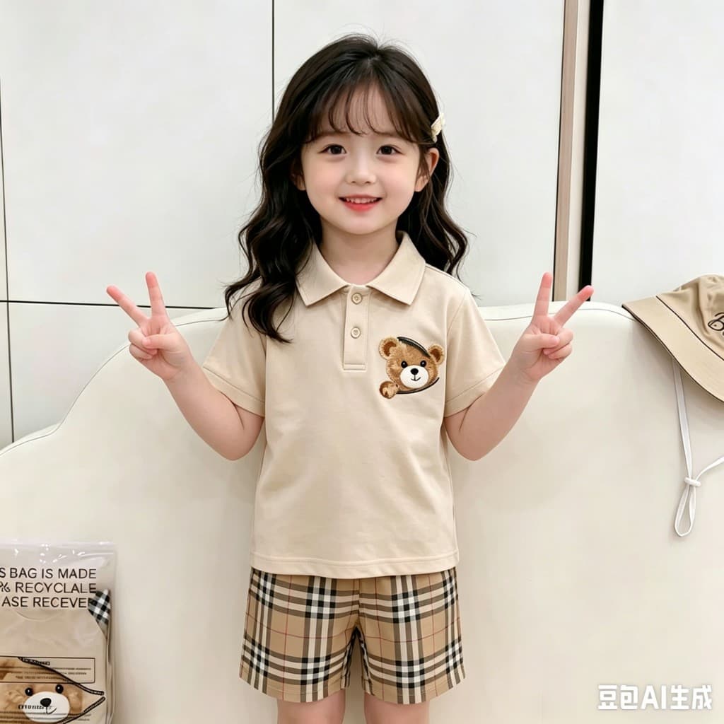 BB259 ชุดเซ็ตเด็ก ลายหมี Polo + กางเกงขาสั้นลายสก็อต ใส่เที่ยว/ออกงาน รูปที่ 6