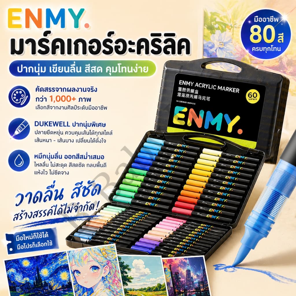 ENMY หัวนุ่ม ปากกาสีอะคริลิก 80 สี Acrylic marker pen ปากกาสี ปากกาอะคริลิค แบบแห้งเร็ว วางซ้อนกันได้ สีเข้มข้น รูปที่ 1