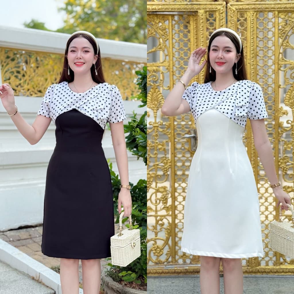 เดรสผ้าเปเป้+กั๊กผ้าไหมอิตาลี ทรงเอ สีดำ/สีขาวแต่งกั๊ก+โบว์ไหล่ งานซิปหลัง ใส่สบาย รูปที่ 1