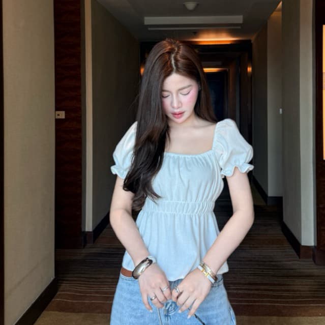 Bell top - เสื้อแขนตุ๊กตาคอเหลี่ยม ผ้าฝ้าย แขนตุ๊กตา คอเหลี่ยมกระชับใส่แล้วไม่โป๊ รูปที่ 6