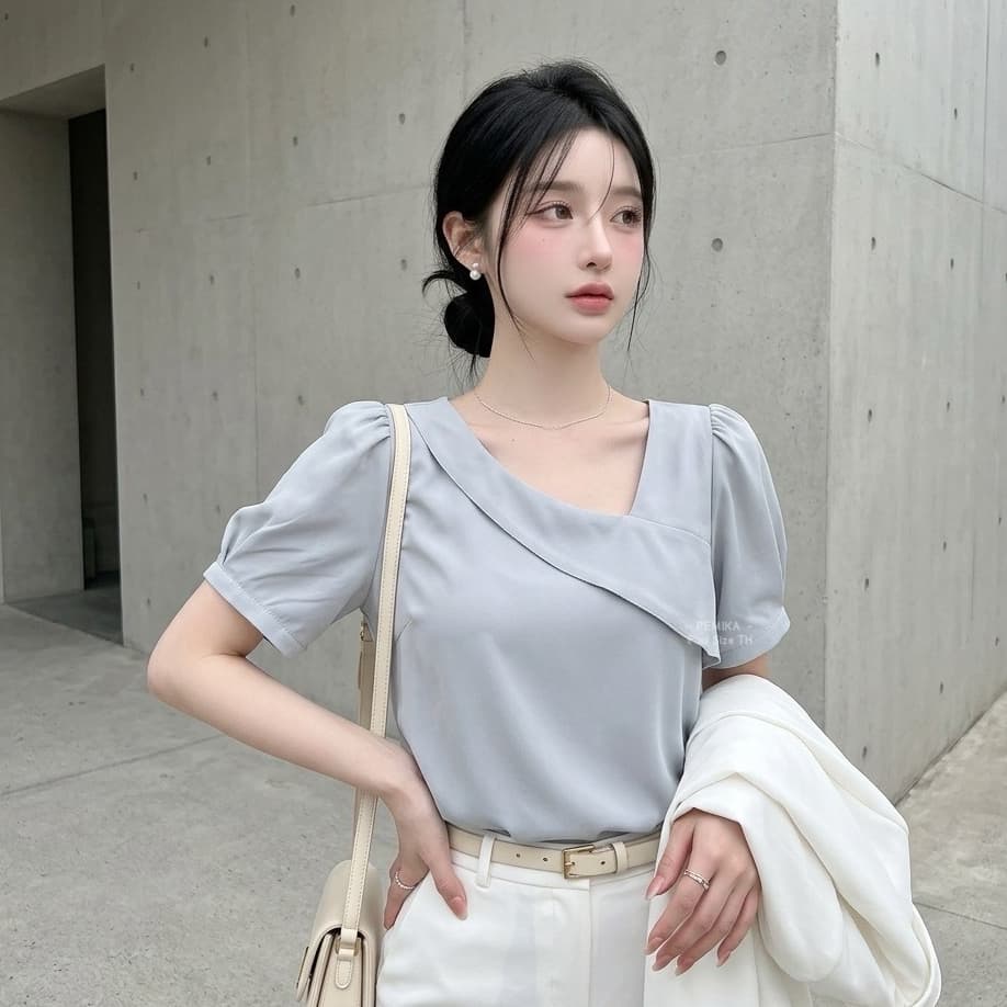 C24 เสื้อสาวอวบดีไซน์คอป้ายปาดเฉียง แขนตุ๊กตา อก 32-62 นิ้ว สำหรับสาวไซส์ใหญ่ ลุคเรียบหรู ใส่ทำงานได้ รูปที่ 6