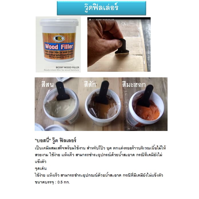 เคมีโป๊วไม้ สีโป้วไม้ อะคริลิกอุดโป๊ว บอสนี่ วู๊ด ฟิลเลอร์ BOSNY WOOD FILLER B218 แบบหลอด 250g. SB+ รูปที่ 4