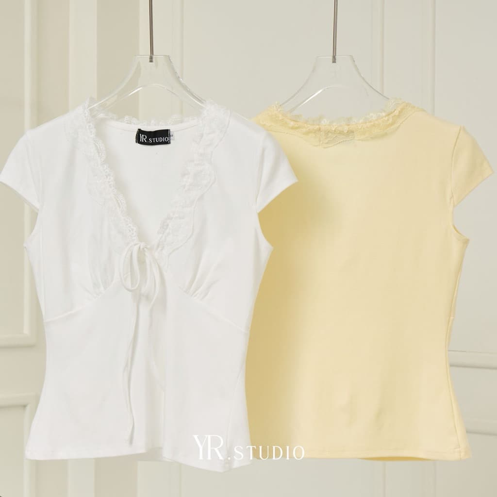 SWEET LACE TOP เสื้อยือคอวีแต่งดีไซน์ลูกไม้คอวี ดีไซน์เรียบง่าย ผ้าคอตตอลสเปนเดกซ์ ยืดนิ่ม ใส่สบาย รูปที่ 9