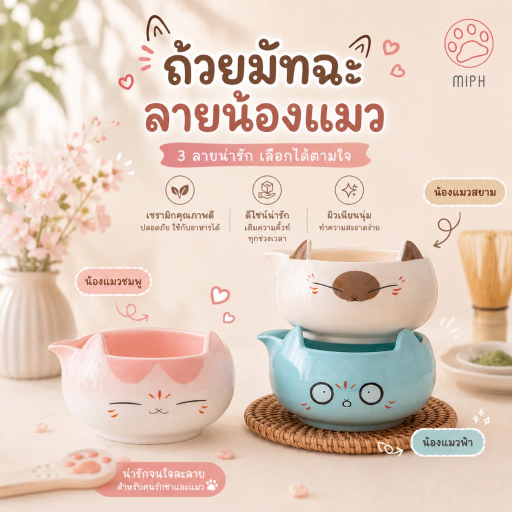 MIPH ชุดมัทฉะหูแมวน่ารัก 2/4 ชิ้น ชุดชงมัทฉะ ชุดมัทฉะญี่ปุ่น