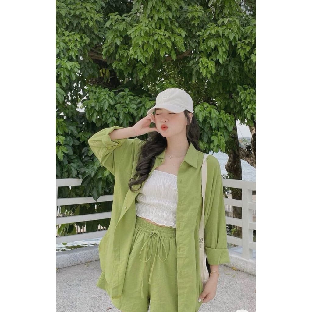 เสื้อเชิ้ตลินินแท้ 100% งานเกรดพรีเมี่ยม โทนสีเขียวเหลือง รูปที่ 2