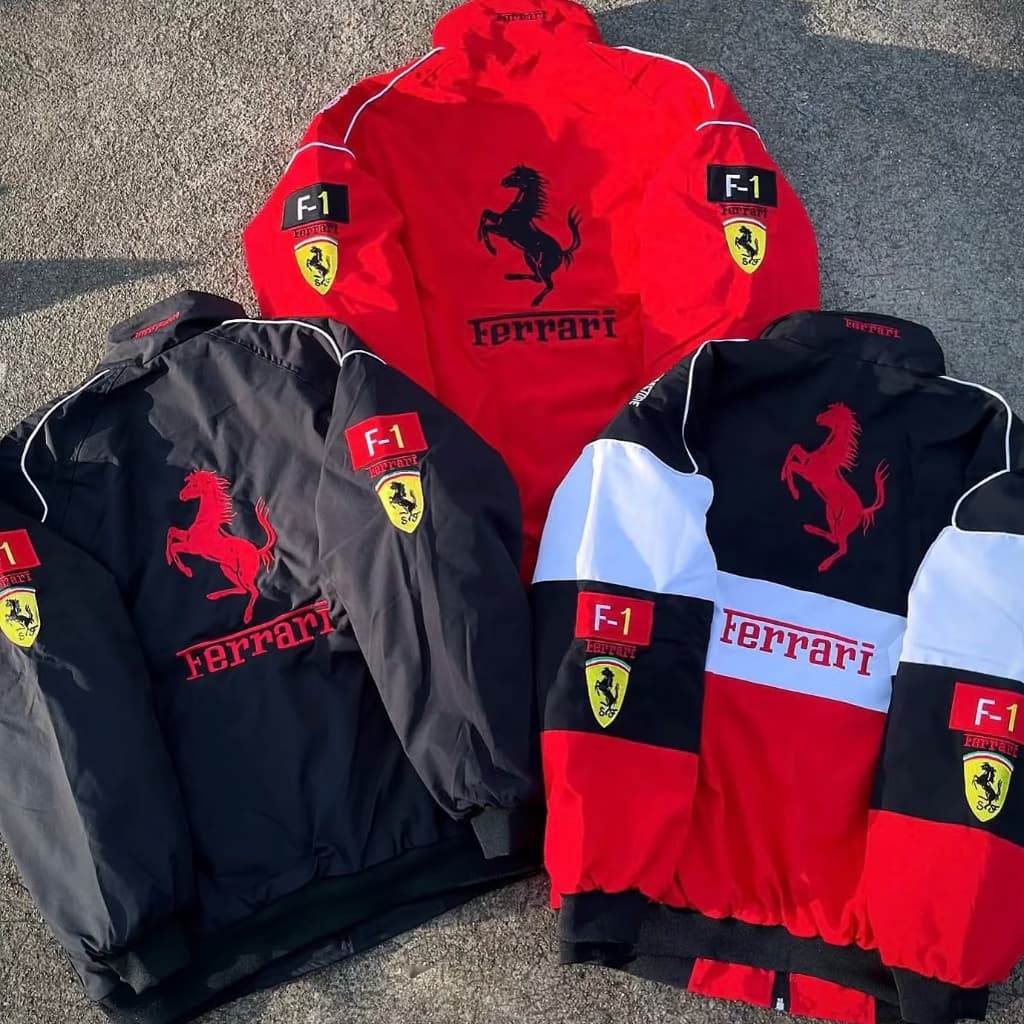 F1 Ferrari แจ็คเก็ต เสื้อแข่งรถ ลำลอง อเมริกันย้อนยุค ปักลาย กันลม แบบมีซิป สำหรับผู้ชายผู้หญิง รูปที่ 9