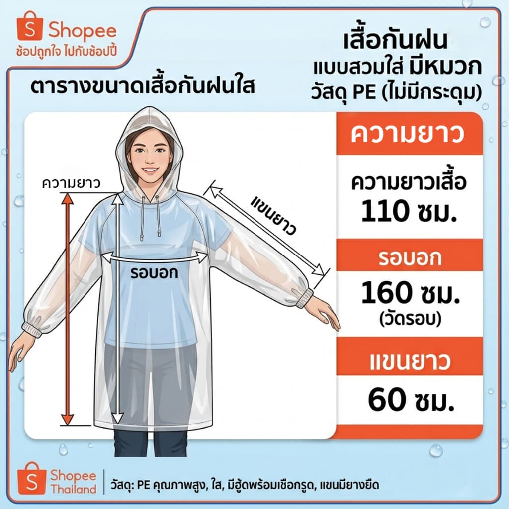 เสื้อกันฝนผู้ใหญ่ แบบใส ฟรีไซส์ กันน้ำ PE พกพาง่าย มีหมวก เดินทาง แคมป์ปิ้ง รูปที่ 5