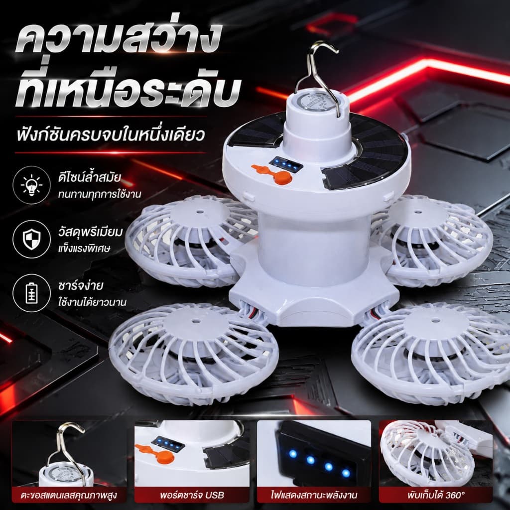 พับเก็บได้ หลอดไฟพกพา พัดลมโซล่าเซลล์ โซล่าเซลล์ Solar Light LED รับแสงได้ ชาร์จได้ 2 แบบ พัดลมพกพาไฟฉุกเฉิน fan รูปที่ 4