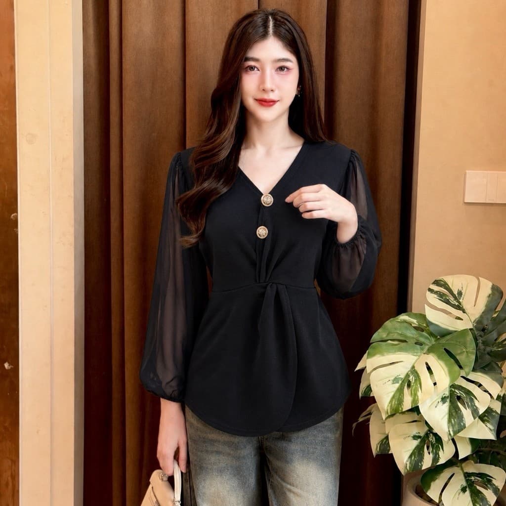 เสื้อแฟชั่น ผ้าวูลเวฟ แขนยาวผ้าซีฟอง อกไขว้เอวเกลียว แต่งกระดุมเมอแรง ผ่าหน้า สม็อคหลัง LG282 รูปที่ 4