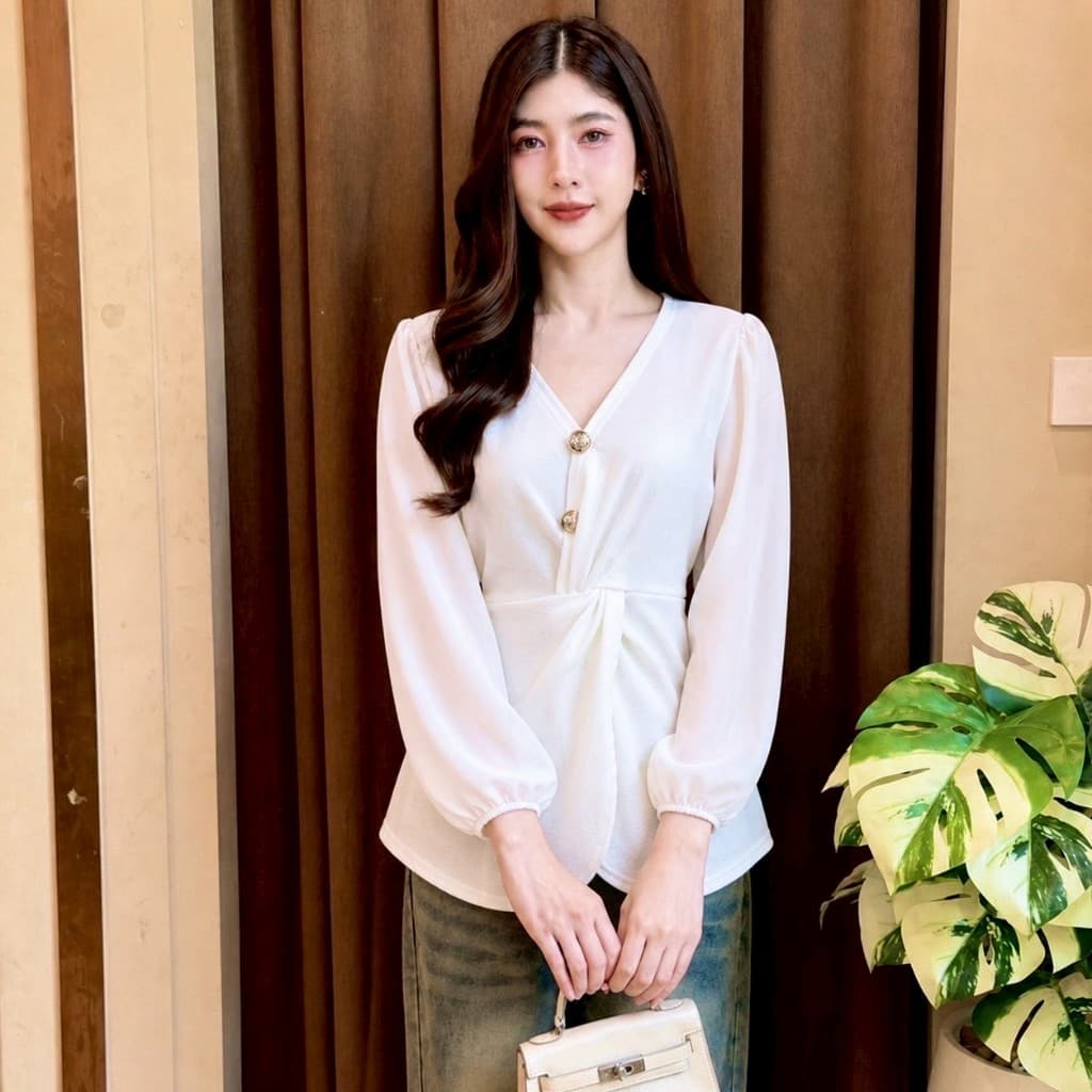 เสื้อแฟชั่น ผ้าวูลเวฟ แขนยาวผ้าซีฟอง อกไขว้เอวเกลียว แต่งกระดุมเมอแรง ผ่าหน้า สม็อคหลัง LG282 รูปที่ 2
