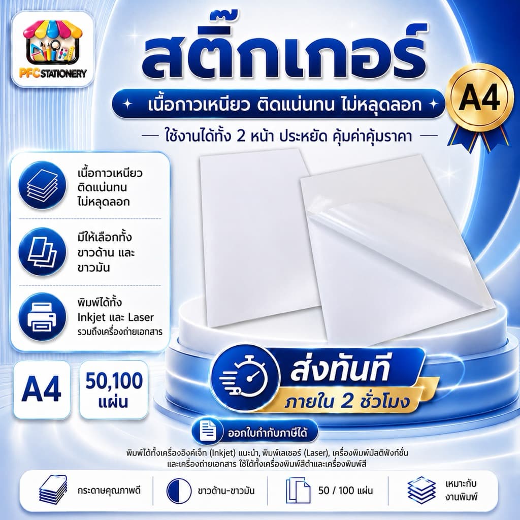 สติ๊กเกอร์ A4 ขาวมัน ขาวด้าน สำหรับเครื่องปริ้น Laser สติ๊กเกอร์กระดาษ รูปที่ 1
