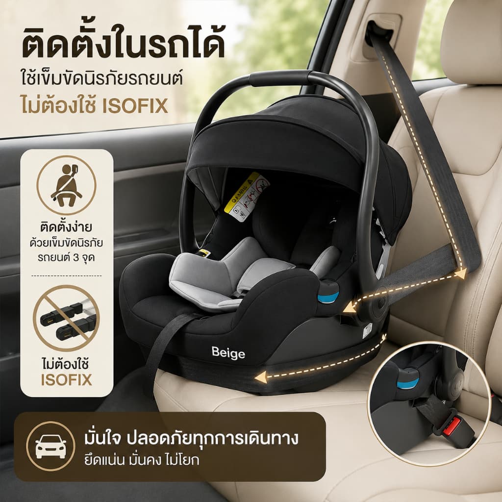 Beige คาร์ซีทเด็ก คาร์ซีทกระเช้า คาร์ซีท เด็กแรกเกิด หิ้วได้ พกพาง่าย เบาะรถยนต์เด็ก 0-15 เดือน รูปที่ 4