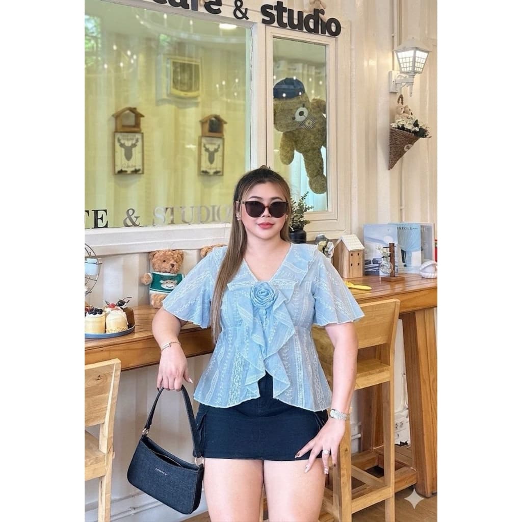 เสื้อ แขนระบายแต่งกุหลาบ ผ้าโรซี่ สม็อคหลัง ทรงเป๊ะ เข้ารูป ใส่แล้วน่ารักมากๆ รูปที่ 2