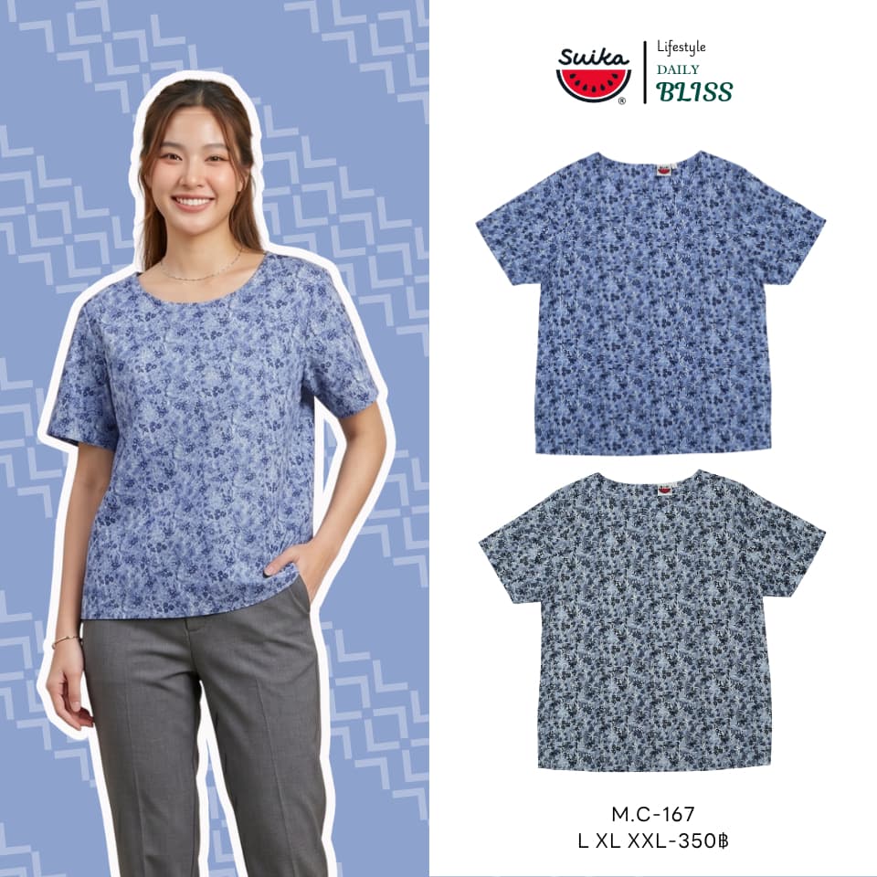 เสื้อแตงโม - เสื้อผ้าป่านมัสลิน คอปาดกระดุมหลัง 3 เม็ด แขนสั้น ลายดอกไม้ รูปที่ 2