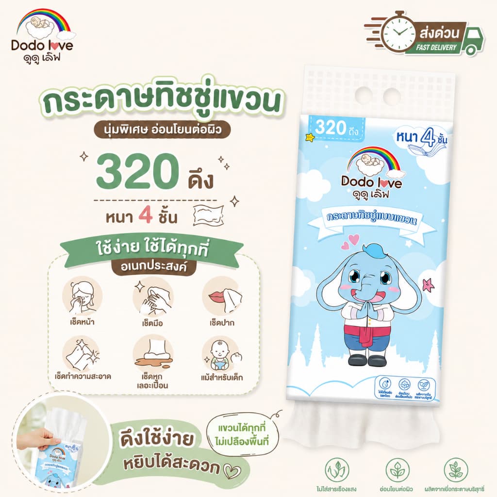 ส่งด่วน DODOLOVE กระดาษทิชชู่แบบแขวน 1แพ็ค 1,280 แผ่น 320 ดึง หนา 4 ชั้น ทิชชู่แขวน รูปที่ 1