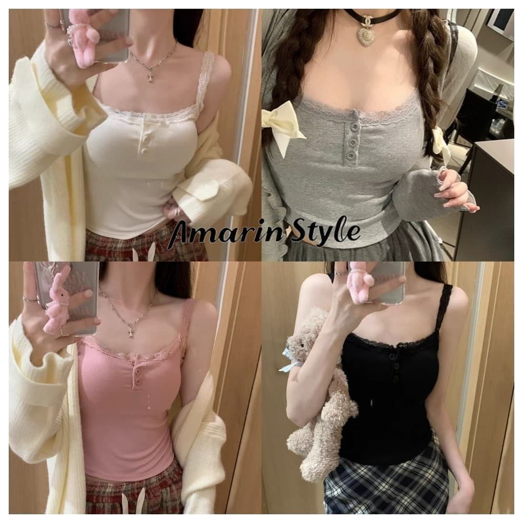 Amarin เสื้อสายเดี่ยว แต่งสายลูกไม้ โบว์อกสวย มีฟองน้ำในตัว น่ารัก สไตล์เกาหลี FY6209 รูปที่ 8