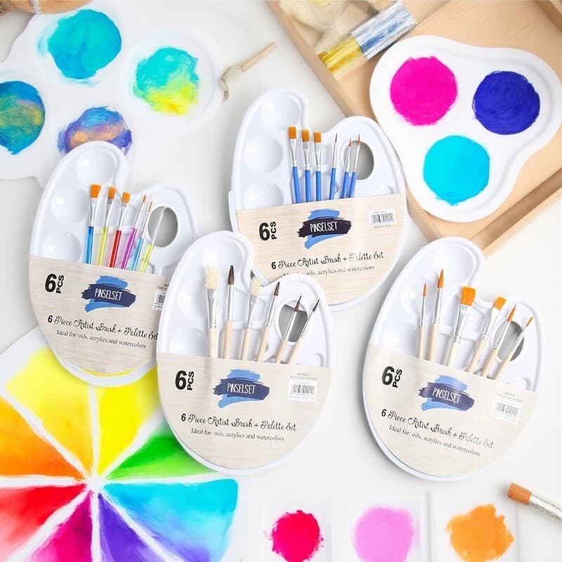 ชุดจานพาเลตและพู่กัน 6 ชิ้น | อุปกรณ์วาดรูปสำหรับเด็กและมือใหม่ | ใช้ได้กับสีน้ำ สีอะคริลิค | ราคาประหยัด รูปที่ 2