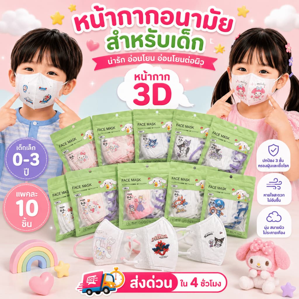 3Dเด็กเล็ก อายุ 0-3ปี ลายการ์ตูน 1แพค10ชิ้น สินค้าส่งจากกรุงเทพฯ รูปที่ 1