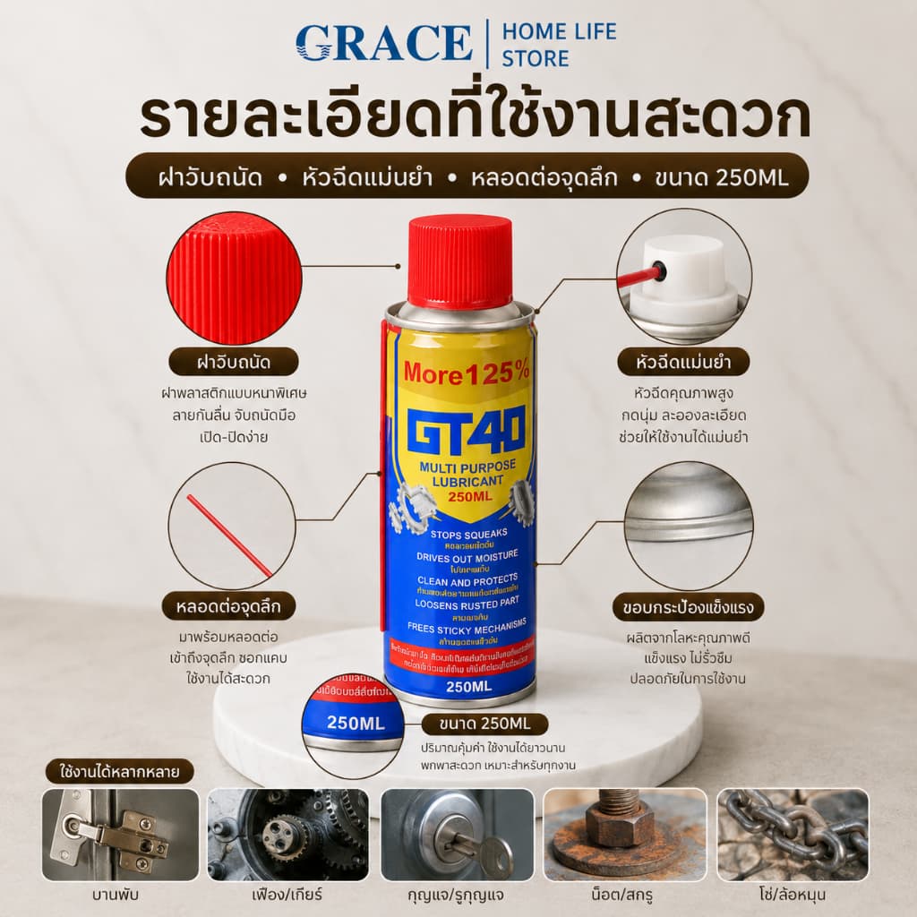 GRACE น้ำยาหล่อลื่นอเนกประสงค์ GT40 250ML ขจัดสนิม หล่อลื่น ปกป้องโลหะ รูปที่ 7