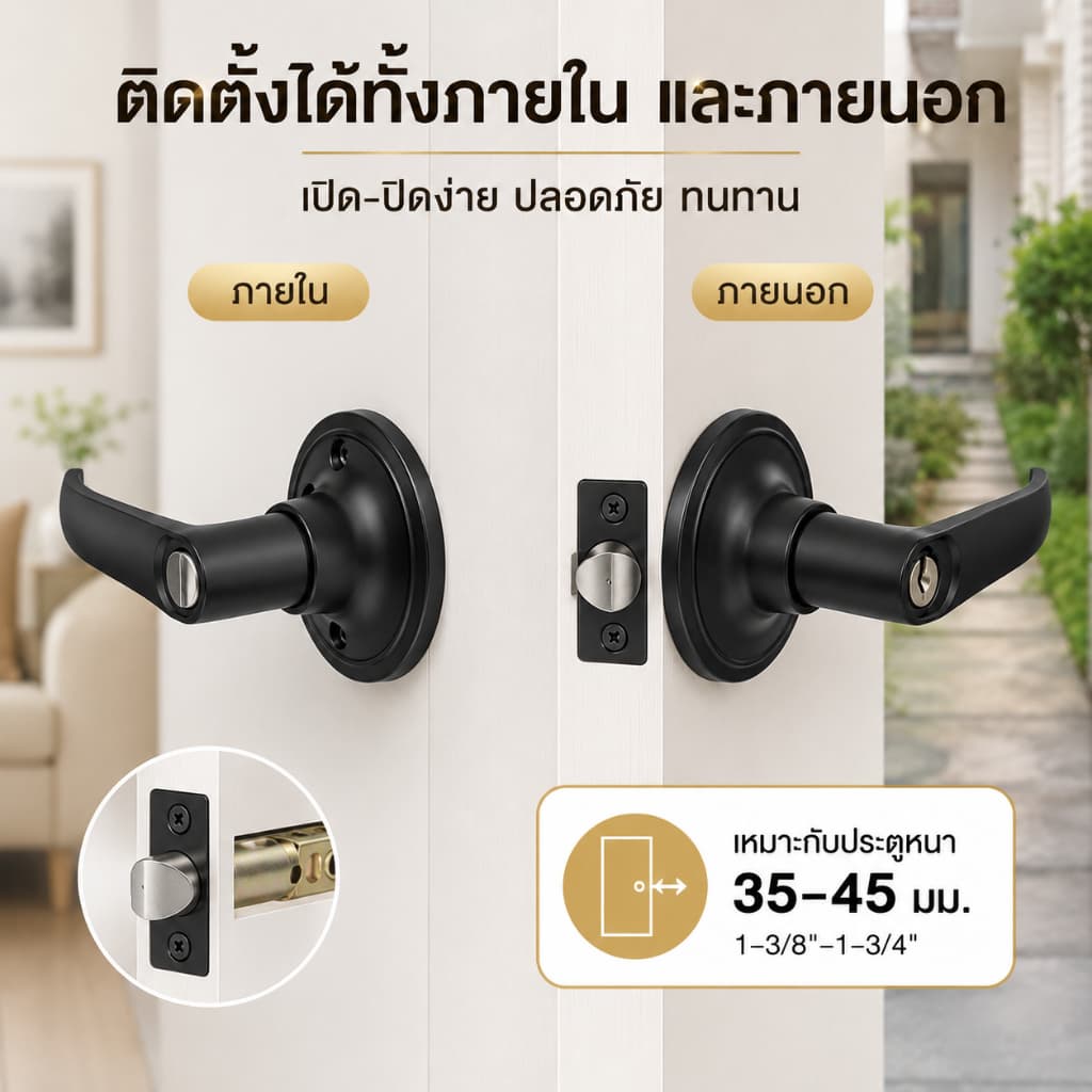 ลูกบิดประตู3กลอน สแตนเลส กันงัด 2in1 ใช้แทนลูกบิดธรรมดาได้ ปลอดภัย2ชั้น สำหรับประตูหนา25-65mm ติดตั้งง่าย เหมาะกับประตูบ รูปที่ 4