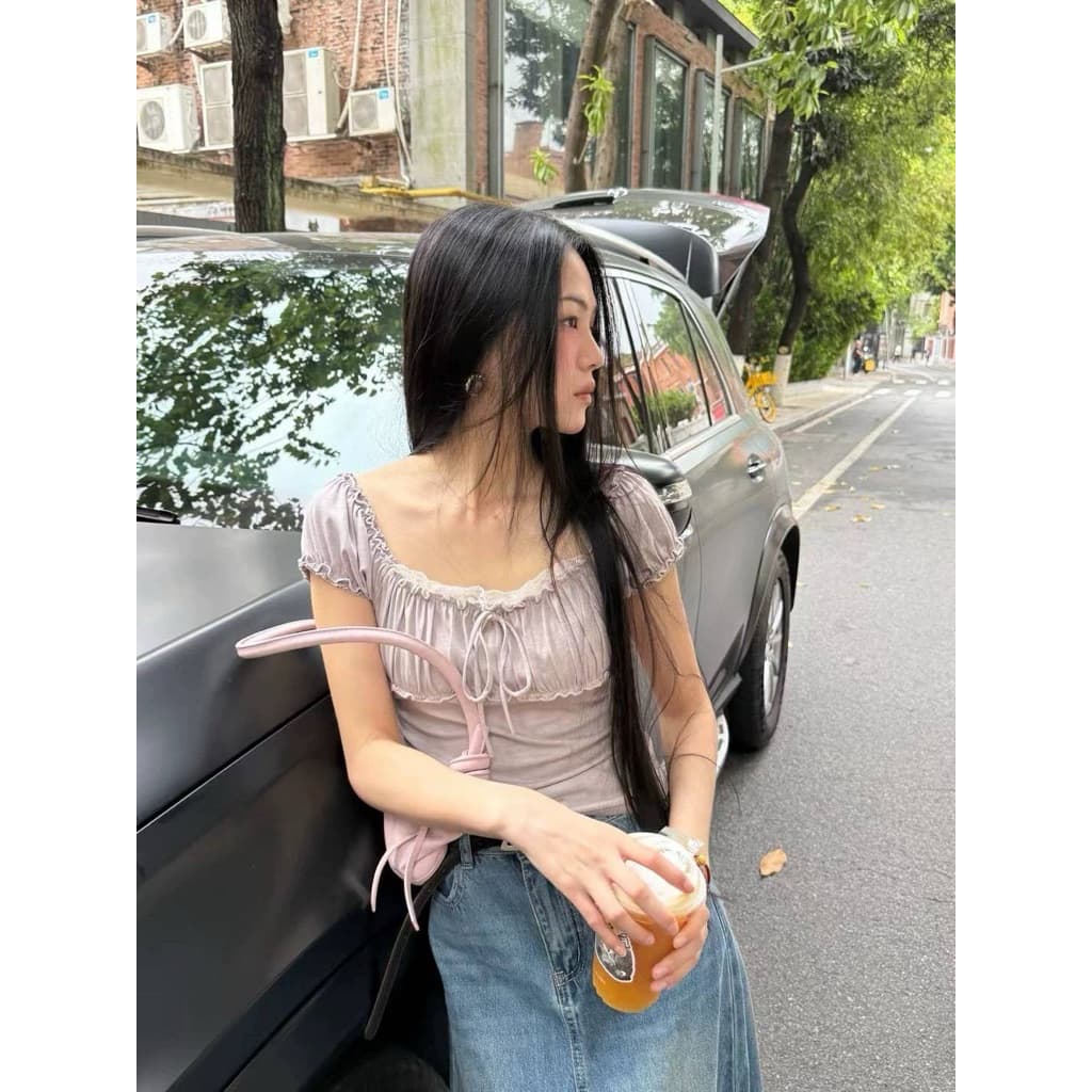 **รุ่นผูกอก**Chunyunew เสื้อยืดแขนตุ๊กตาแต่งระบายผูกอกแขนสั้นผ้ายืดเนื้อผ้ายืดหนาพรีเมียมยืดได้เยอ รูปที่ 3