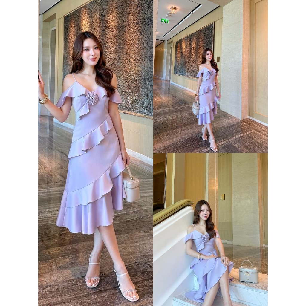 ชุดออกงาน ชุดเพื่อนเจ้าสาว koolykool สายเดี่ยวระบายอ้อมแขนระบายกลางหน้ากระโปรงย้วยผ้าเครบซาตินแถมเข้มกลัดดอกไม้ THO00 รูปที่ 6