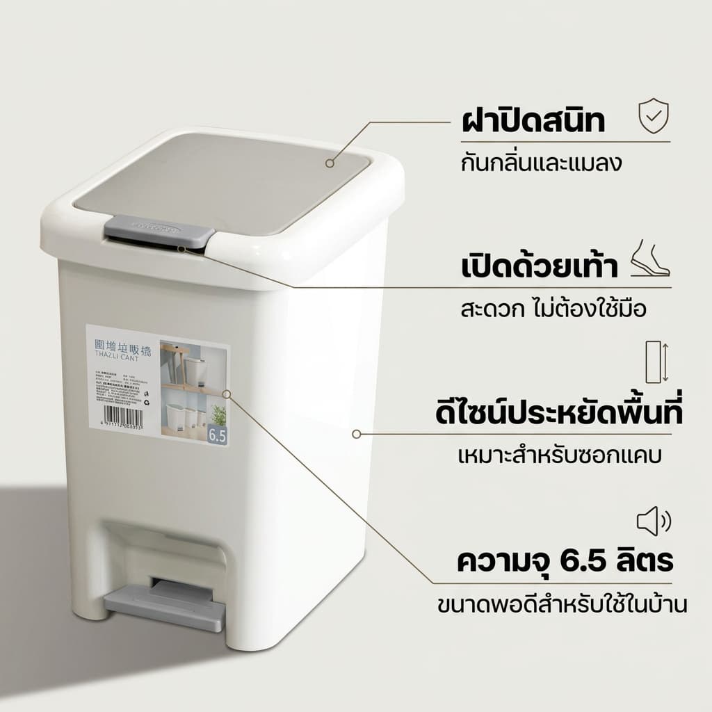 ถังขยะพลาสติก ถังขยะ 6.5L/8L/10L/15L/20Lวัสดุ PP ถังขยะใหญ่ งขยะ แบบเปิดมือ-เปิดเท้าพลาสติกเหนียว กันกลิ่นดี รูปที่ 6