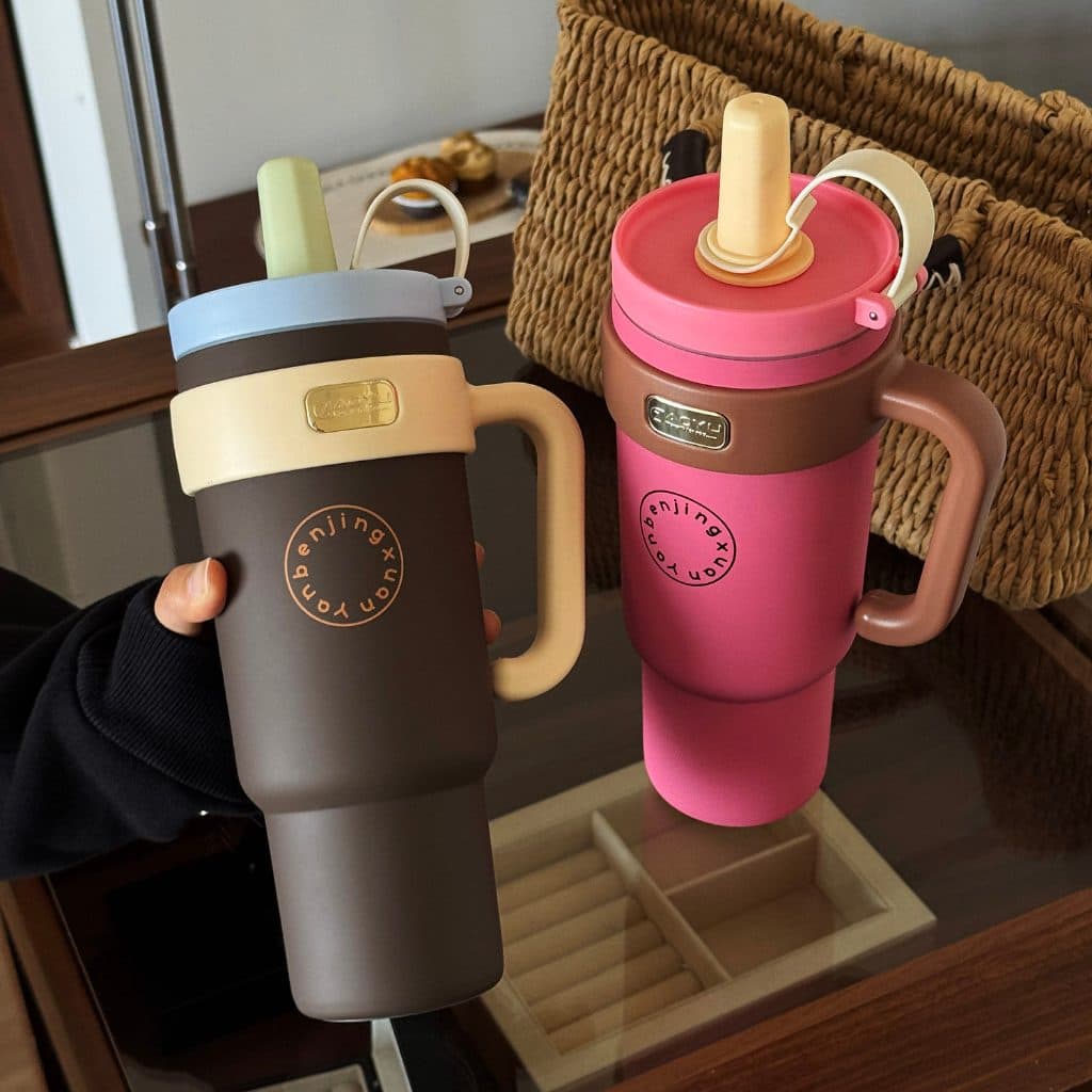 แก้วน้ำเก็บความเย็นสแตนเลสเคลือบเซรามิก แก้วเก็บความเย็น 30oz/1000ML แก้วเก็บความเย็น ด้ามจับแบบพกพา รูปที่ 8