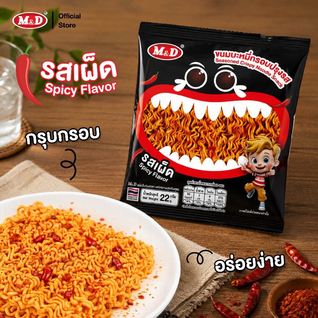 M&D ขนมบะหมี่กรอบปรุงรส รสเผ็ด 1 กล่อง มี 12 ซอง ฉีกซอง อร่อยง่าย กรุบกรอบ อร่อยเข้ม เต็มรสชาติ รูปที่ 7