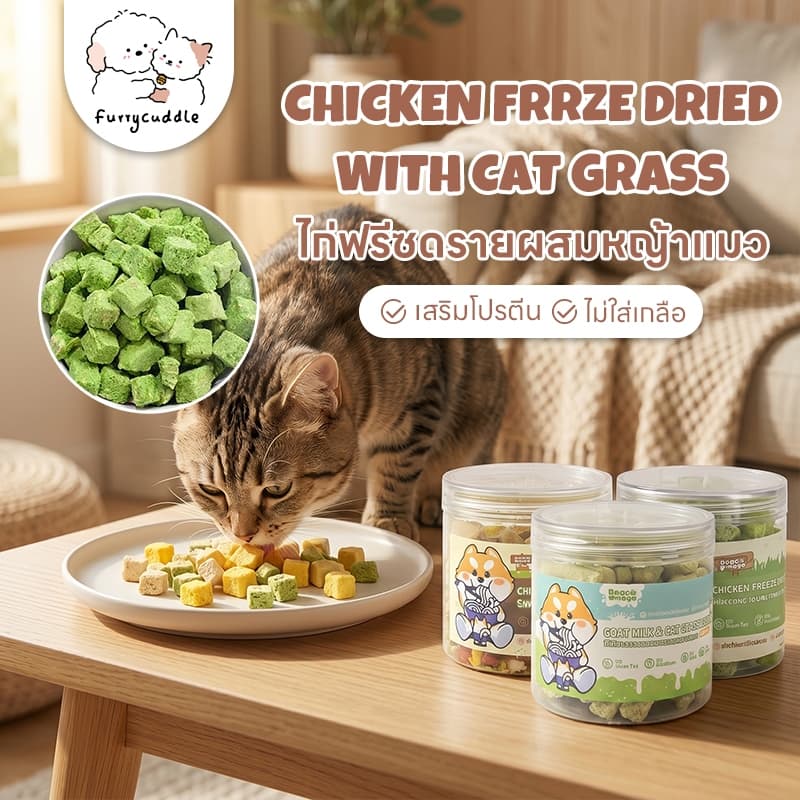 FurryCuddle ไก่ฟรีซดรายผสมนมแพะและหญ้าแมว อาหารแมว โปรตีนสูง เนื้อสัตว์100% ไม่ใส่เกลือ ช่วยขับก้อนขน COD PF13 รูปที่ 1