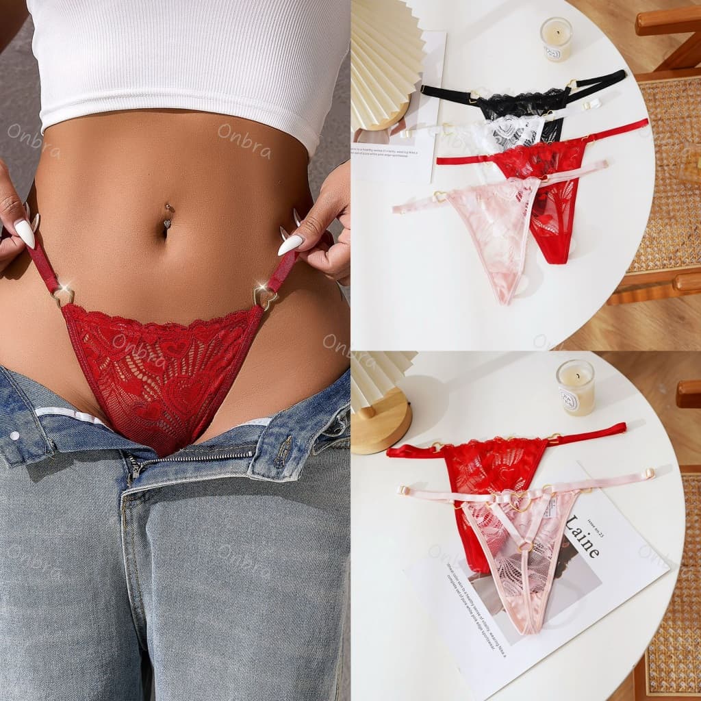 J37 กางเกงใน G-String ลูกไม้เซ็กซี่ โชว์ด้านหลัง แต่งห่วงหัวใจสีทอง เอวปรับสายได้ สวมใส่สบาย จีสตริง รูปที่ 1
