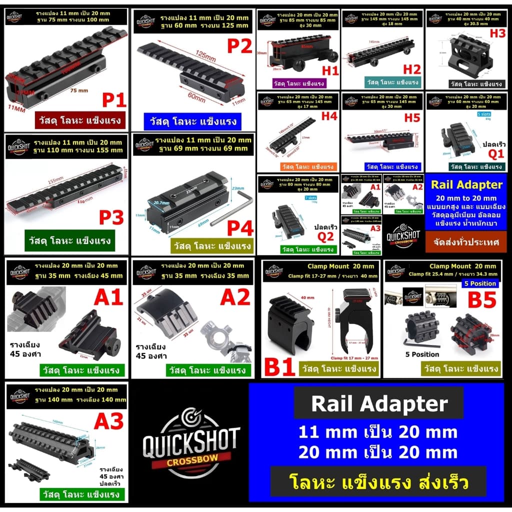 ตัวแปลงราง 11 mm เป็น 20 mm / แปลง 20 mm เป็น 20 mm ยกสูง เฉียง หนีบ วัสดุอลูมีเนียมอัลลอย แข็งแรง รูปที่ 1