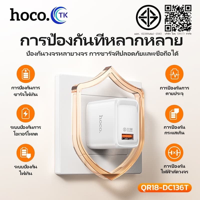 ชุดชาร์จเร็ว USB 22.5W HOCO QR18-DC136T ปลั๊กไทยขากลม รองรับ Fast Charge ใช้งานปลอดภัย จบครบในเซ็ตเดียว รูปที่ 7