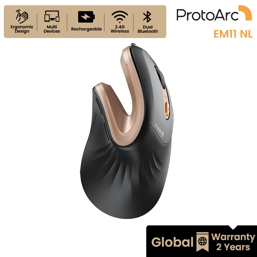 ProtoArc EM11 NL เมาส์แนวตั้ง Ergonomic ไร้สาย Bluetooth 2 ช่อง + 2.4G DPI 8000 ชาร์จได้ สีดำ-ทอง รับประกัน 2 ปี รูปที่ 1