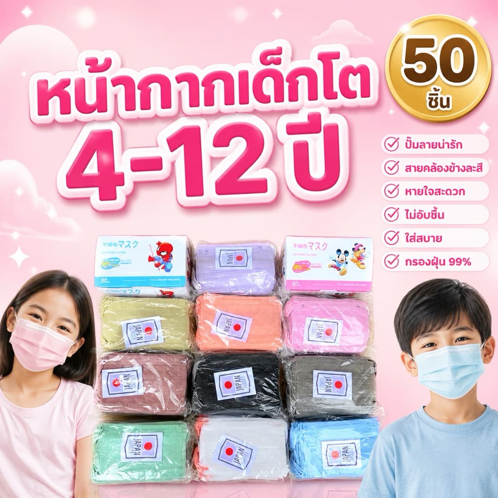 แมสเด็ก1กล่อง50ชิ้น อายุ4-13ปี พร้อมกล่อง มีราคาส่งปลีกและส่ง รูปที่ 1