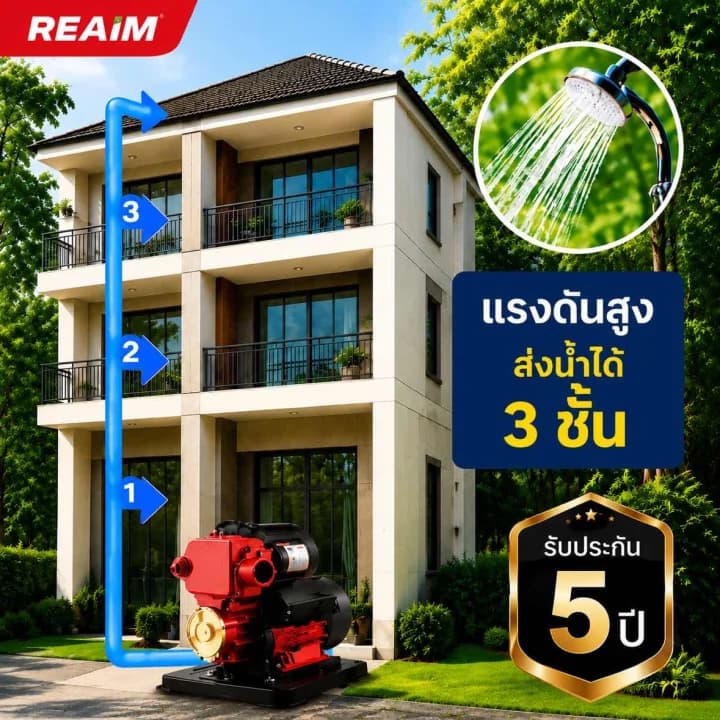REAIM ปั๊มน้ำอัตโนมัติ 1 HP 370W แรงดี ประหยัดไฟ ส่งน้ำสูง 3 ชั้น+ แถมฝาครอบกันฝุ่นฟรี! รูปที่ 2