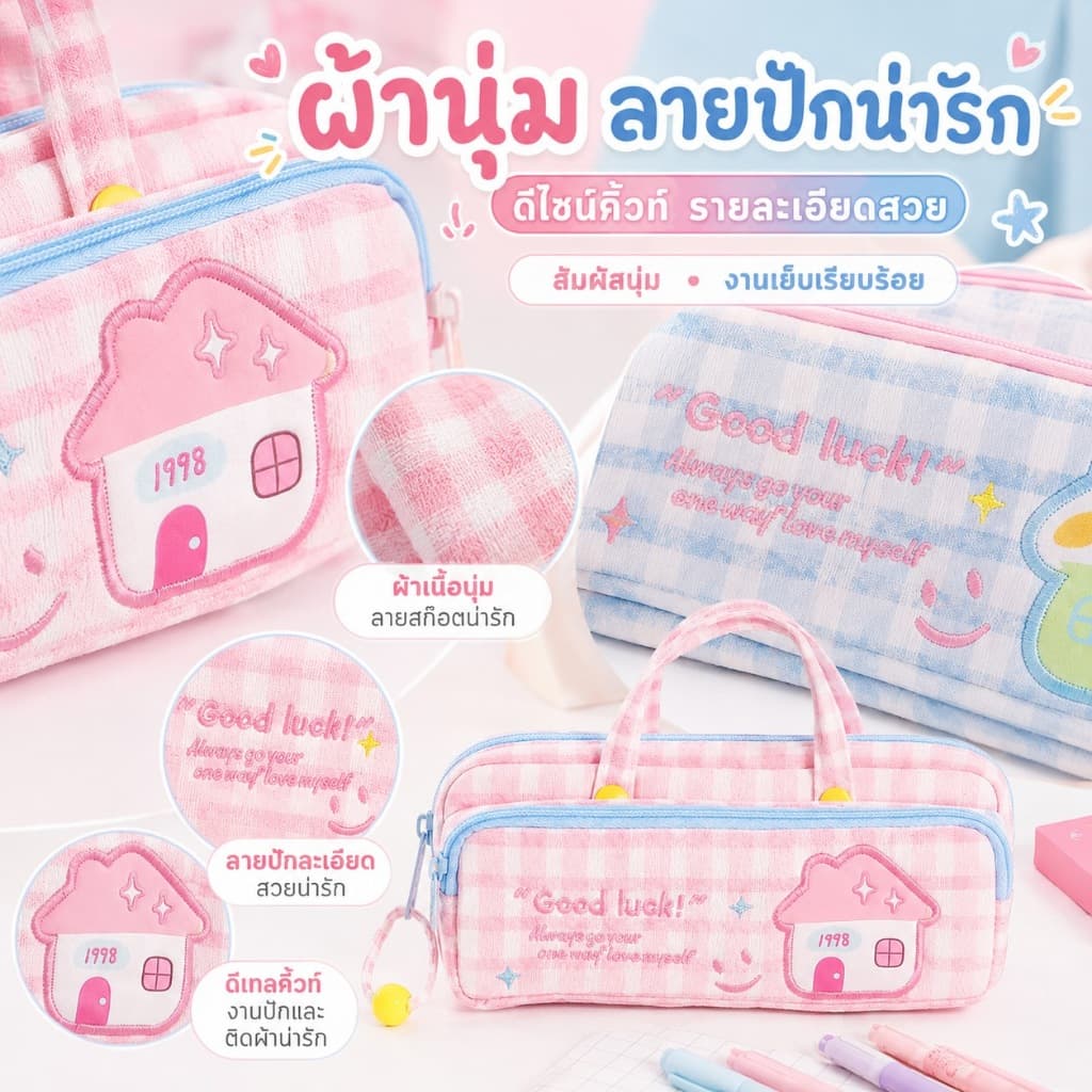 KiKi กระเป๋าดินสอ 2 ชั้น 2 ซิป ลายตารางน่ารัก จุเยอะ มีหูหิ้ว กระเป๋าเครื่องเขียน กล่องดินสอนักเรียน รูปที่ 7