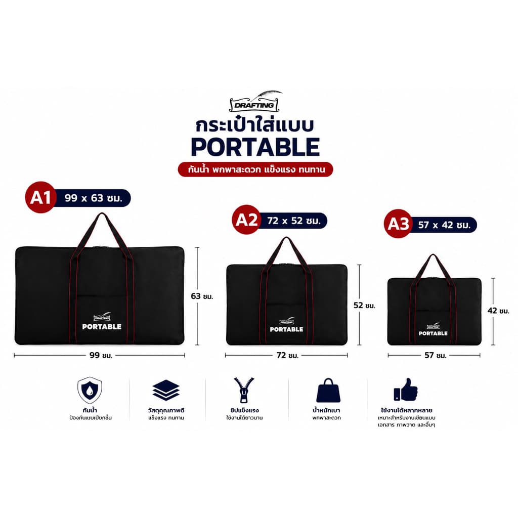 Project Drafting Portable กระเป๋าใส่แบบ กระเป๋า ผ้ากันน้ำ สีดำ A1 A2 A3 ใส่ภาพวาด สเกตช์ รูปภาพ รูปที่ 2