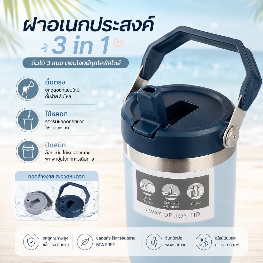 890ml ขวดน้ำเก็บอุณหภูมิ แก้วเก็บความเย็น ความร้อน ใส่เครื่องดื่ม น้ำ | casa & co. รูปที่ 3