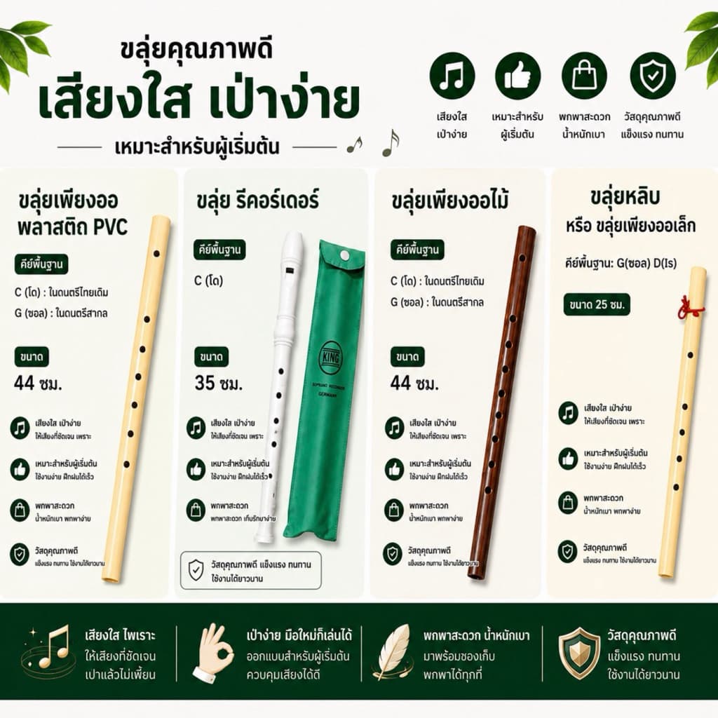 ขลุ่ยเพียงออ ลายไม้  ขลุ่ย พลาสติก PVC ขลุ่ยเพียงออเล็ก ขลุ่ยหลิบ และ ขลุ่ยรีคอร์เดอร์