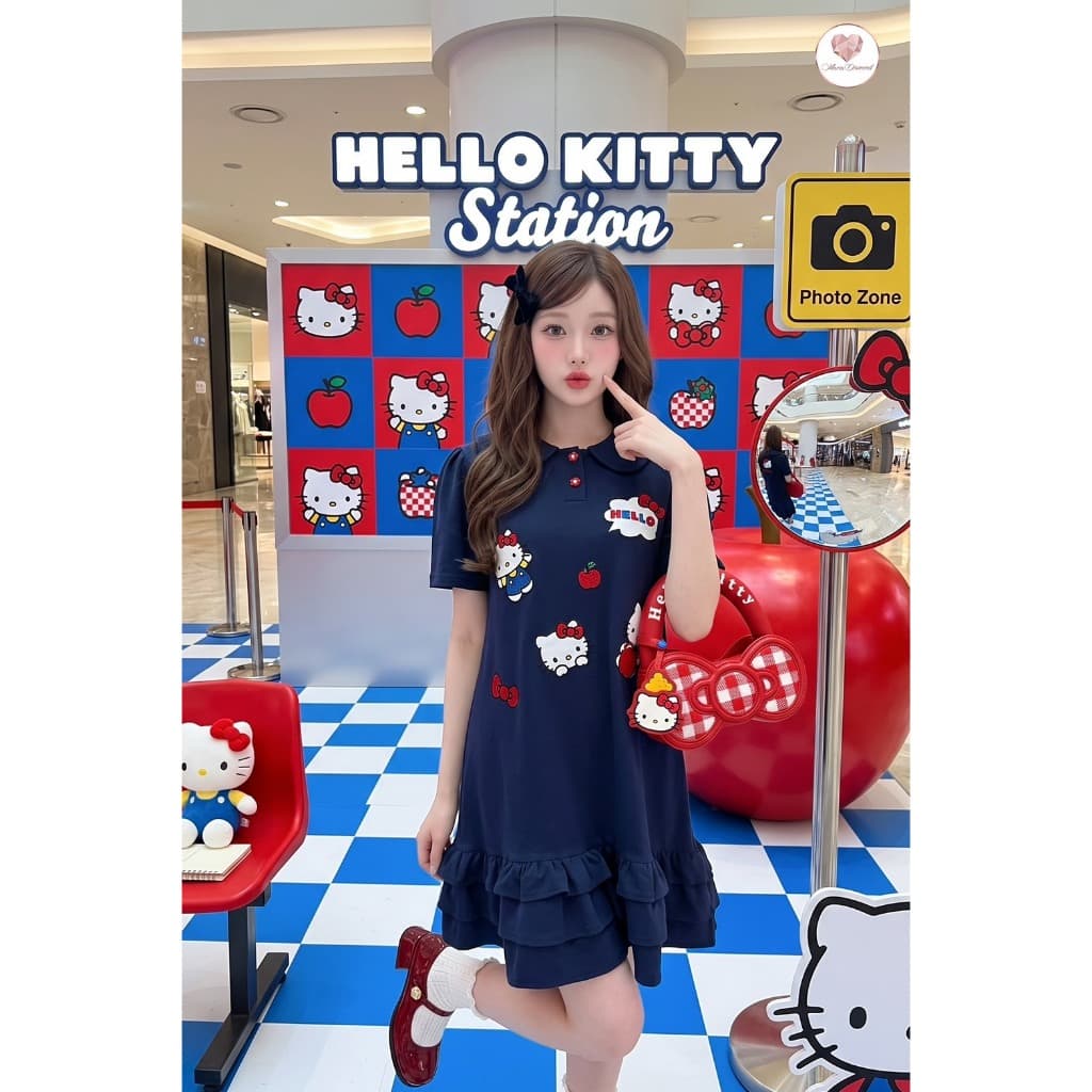 Maria Diamond สีกรม Kitty Station Dress เดรสผ้าคอตตอนโปโลสีกรม งานปักคิตตี้ทั้งชุด กระดุมหน้าสวมหัว รูปที่ 6